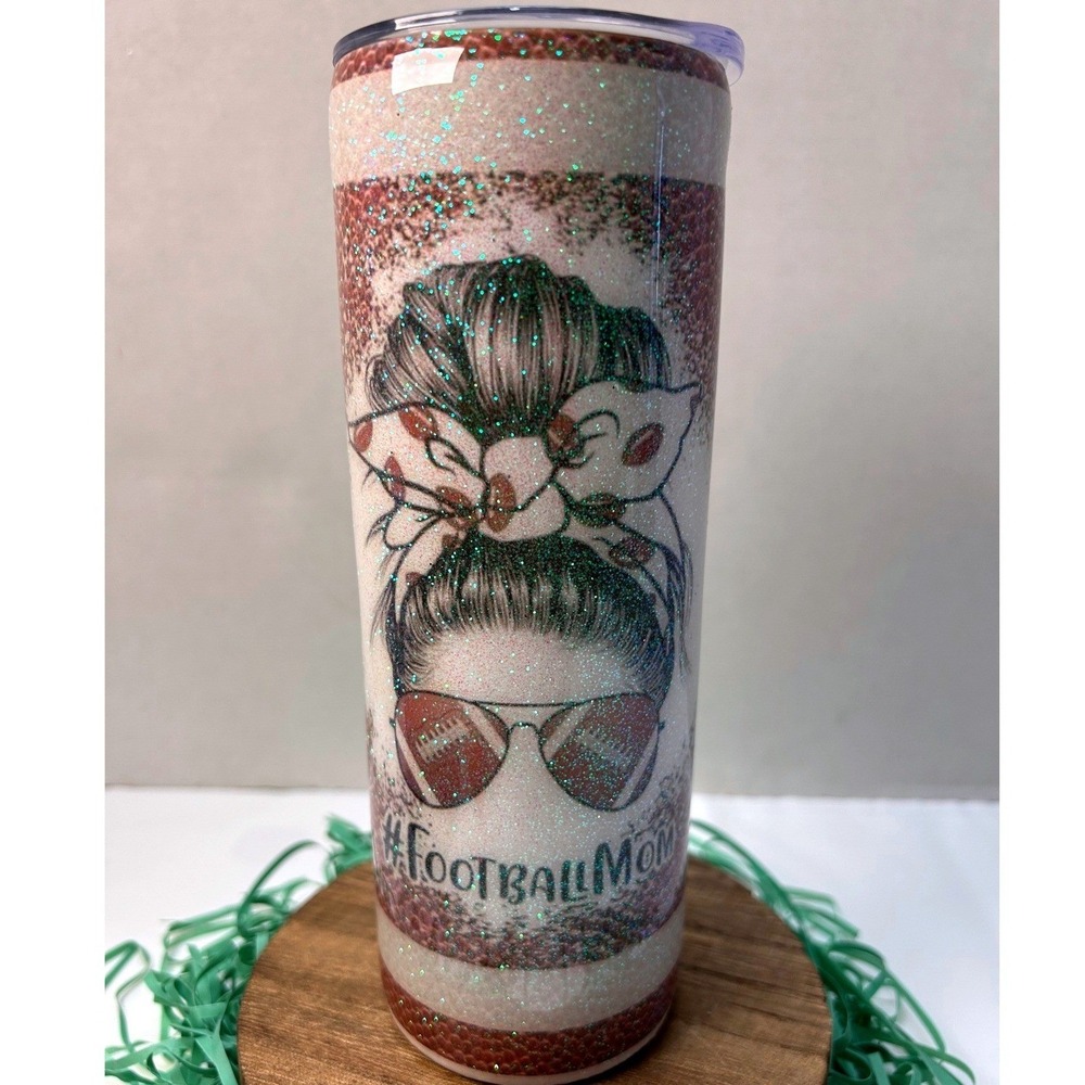Football Mom Glitter Tumbler 20oz Skinny Travel Cup Messy Bun Brown White